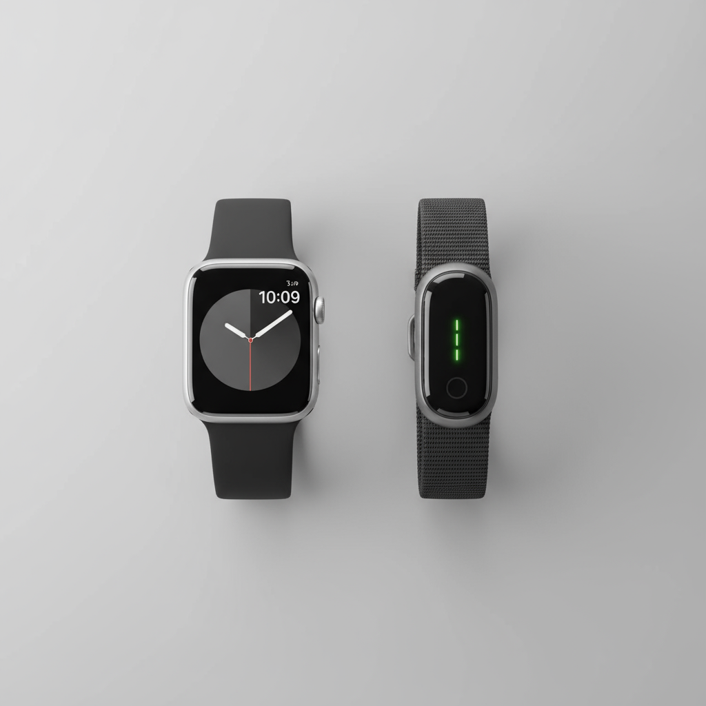 An Apple Watch SE left sits beside a Whoop 5.0 band