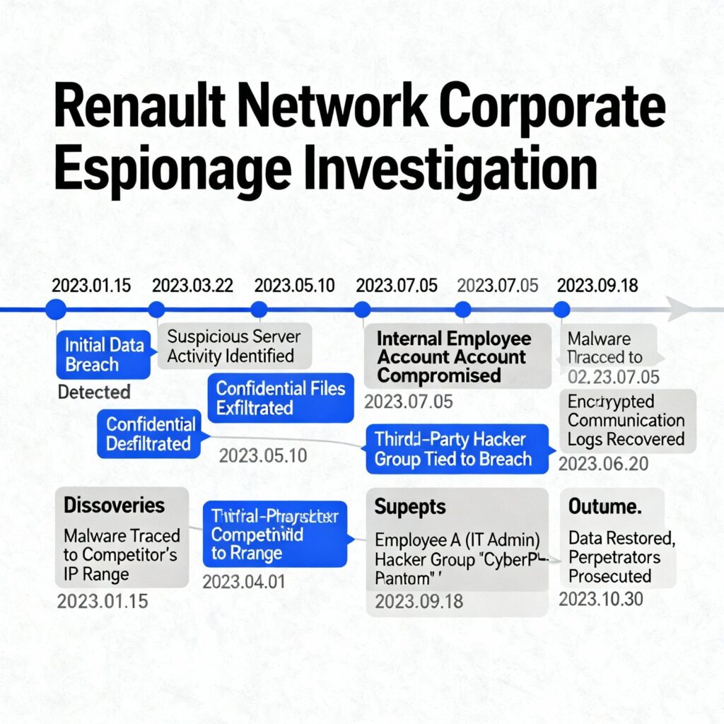 infographic timeline showing events from the corporate espionage investigation code named Renault Network